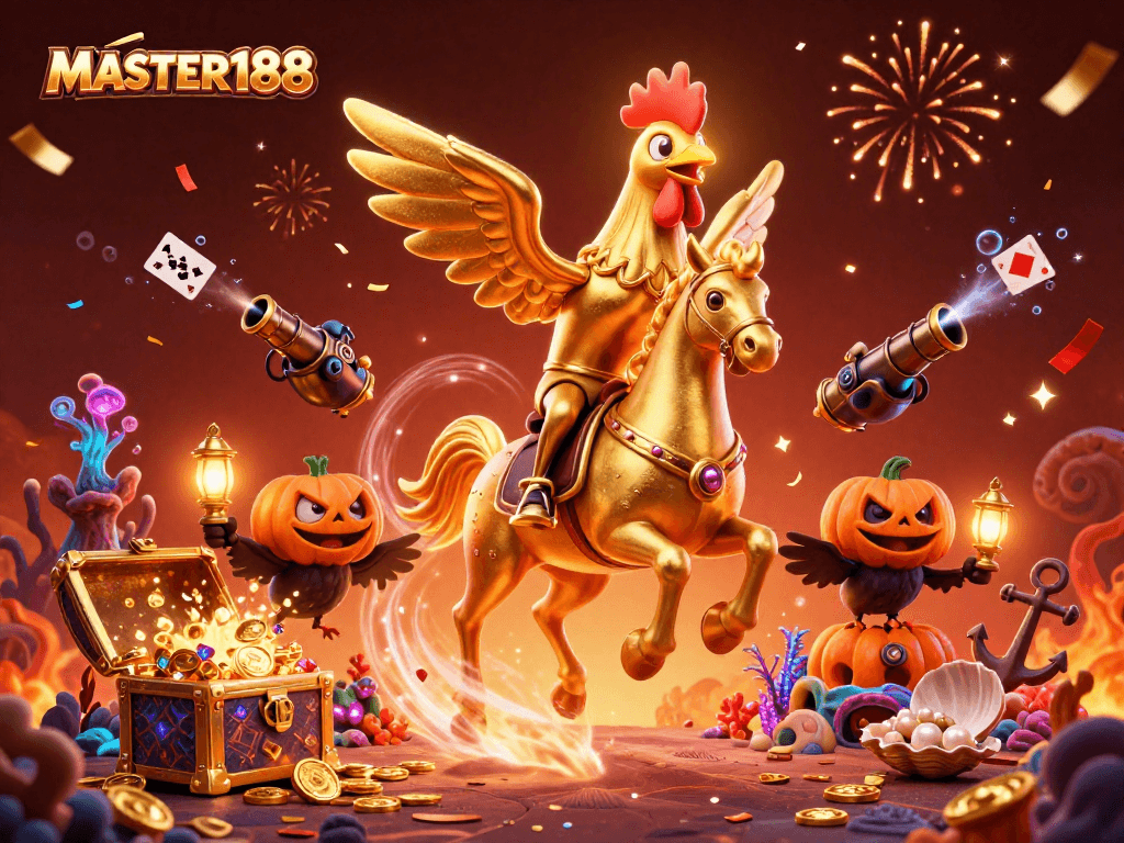 MASTER188 champions winning chances in a vibrant midnight casino scene filled with treasures.