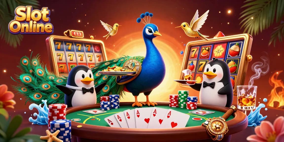 Spin the Slot Online reels featuring a peacock, penguin, and hummingbird amidst vibrant gaming elements.