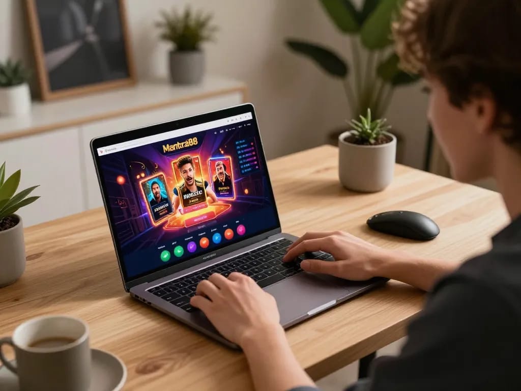 Engage with mantra88 login on a sleek laptop in a stylish home gaming setup, highlighting responsible gaming.