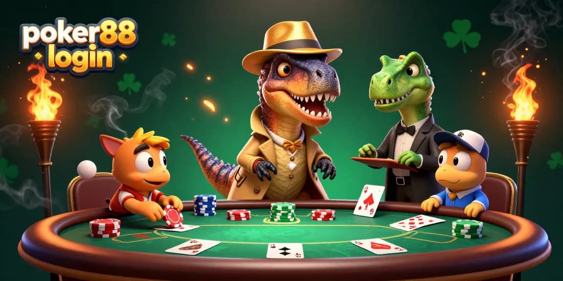 Engage in poker88 login strategies with a velociraptor at a thrilling poker table, surrounded by playful characters.