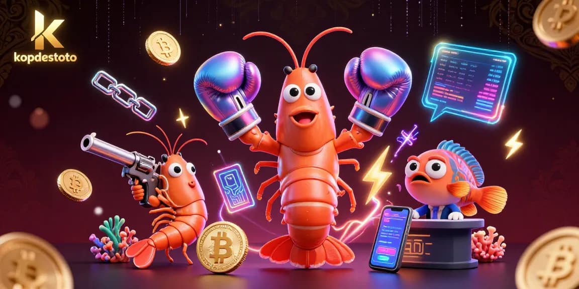 Experience the thrill of kopdestoto with a vibrant 3D casino scene featuring dynamic characters and cryptocurrency elements.