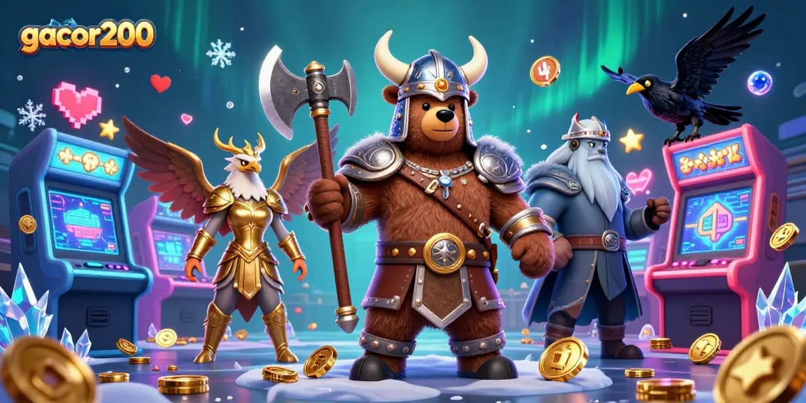 Gacor200 mempersembahkan Viking berserker dan eagle Valkyrie dalam ilustrasi kasino yang penuh warna dan dinamis.