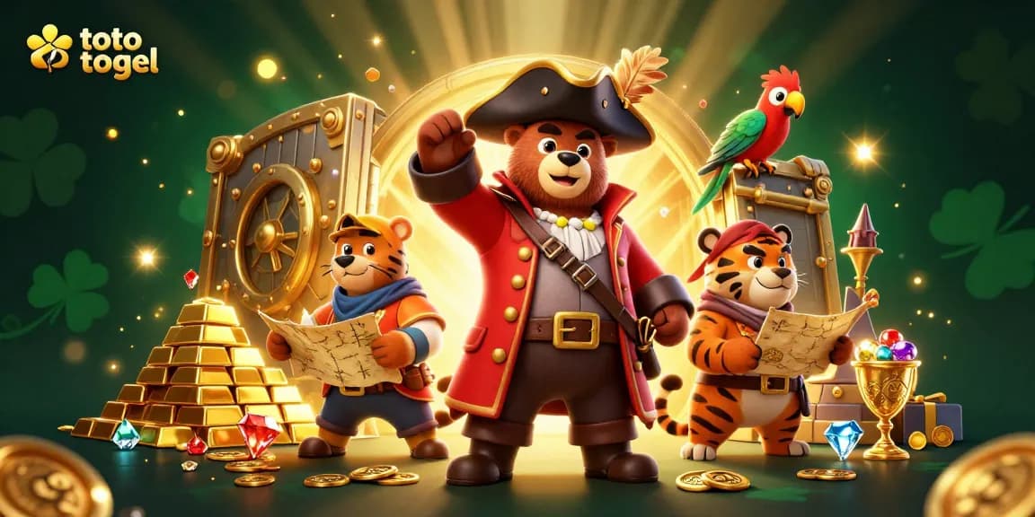 Engage with thrilling toto togel action in a vibrant pirate-themed illustration filled with treasures.