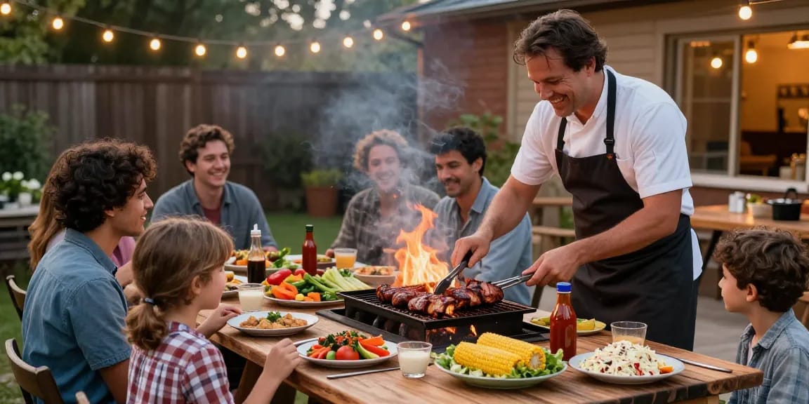 Momen kebersamaan di BBQ luar ruangan dengan BOS 88 sebagai menu utama, dikelilingi oleh sayuran segar dan saus homemade.