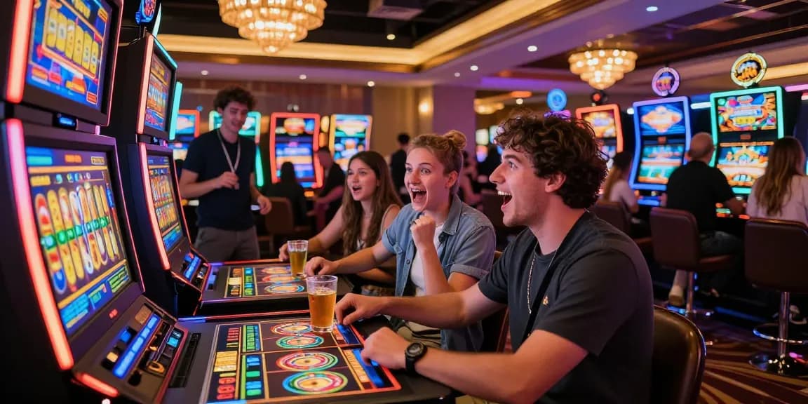 Exciting slot gaming experience with friends at a vibrant casino, showcasing colorful machines and lively atmosphere.