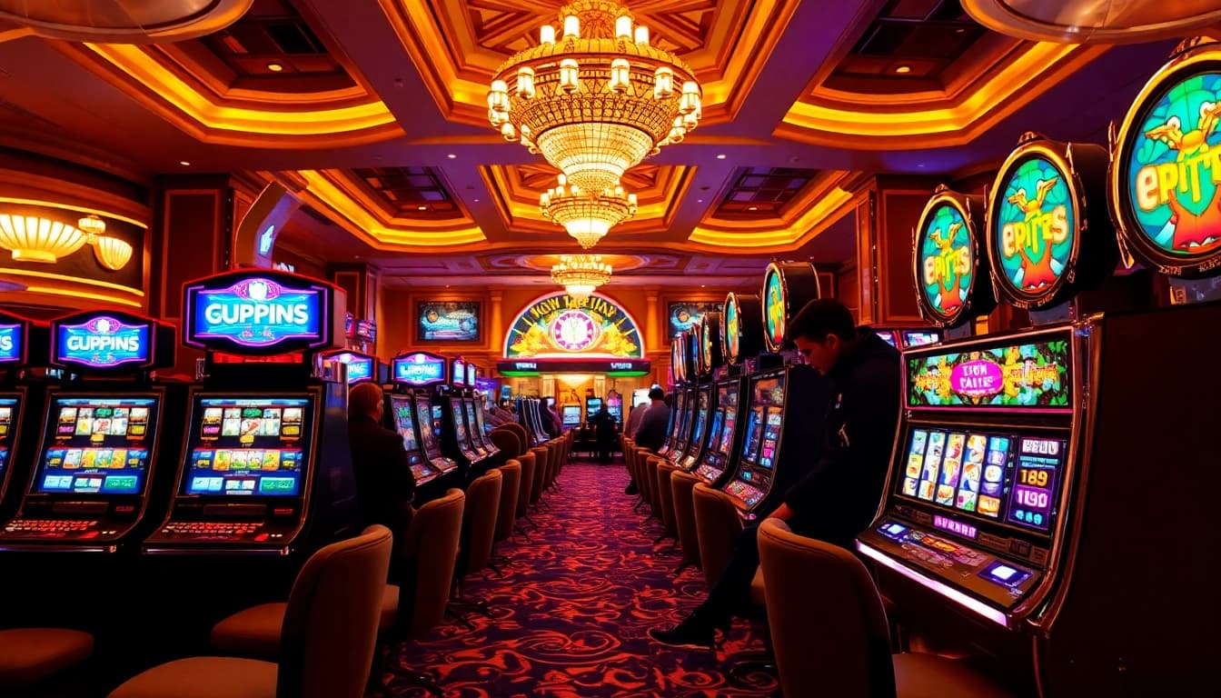 Permainan slot yang menarik di dalam kasino yang glamor dengan pencahayaan cerah.