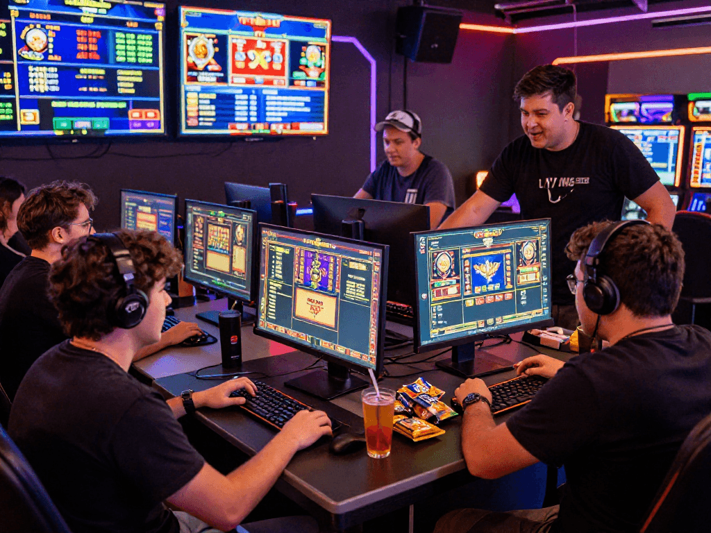 Players enjoying RTP live online slots in an immersive gaming setup, showcasing real-time stats and vibrant interfaces.