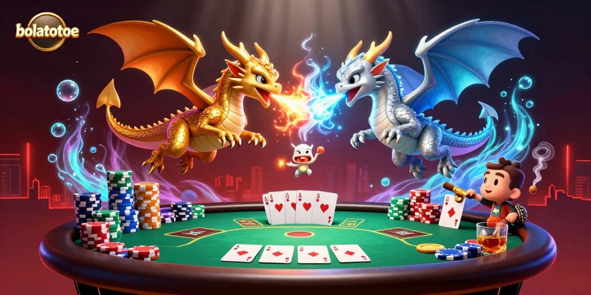 Engage with bolatotoe dragons amid dynamic poker elements in a thrilling casino scene.