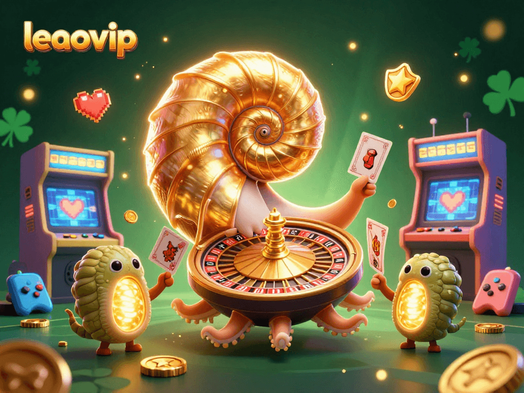 Engage with leaovip in this vibrant scene showcasing a 3D nautilus roulette wheel and glowing game elements.