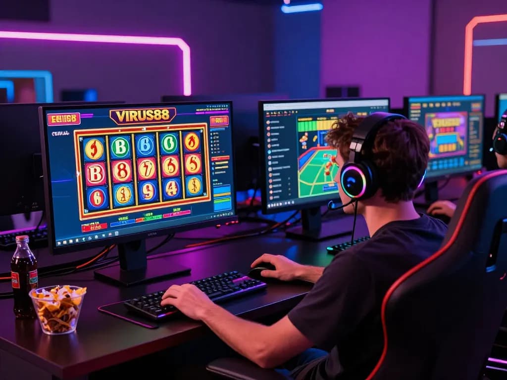Pengaturan permainan online VIRUS88 yang menarik dengan gulungan slot yang cerah dan lampu neon.