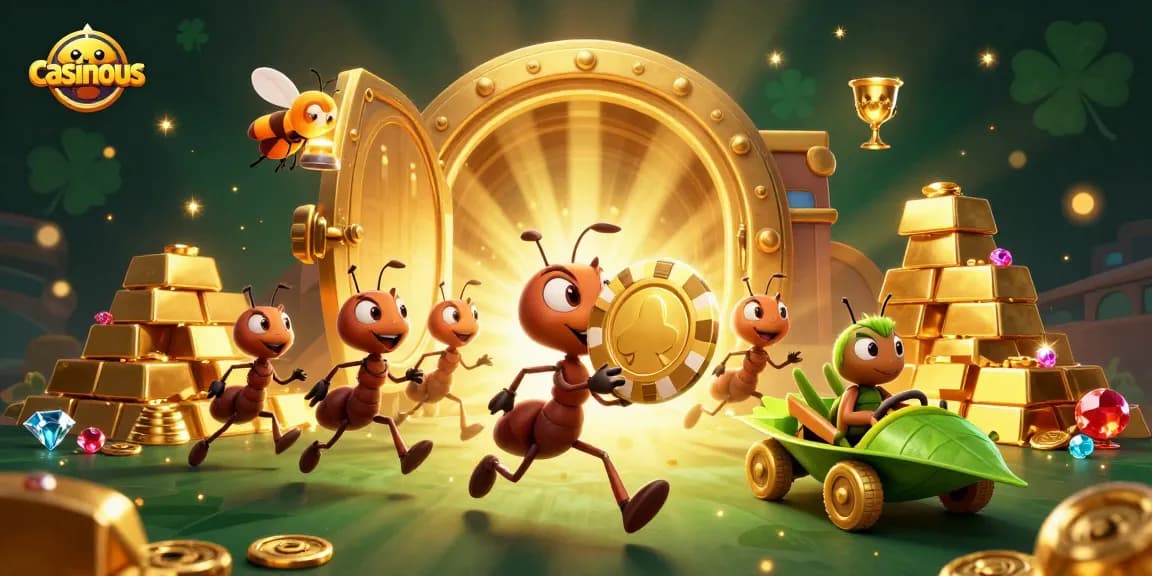 Casinous reveals vibrant gambling adventure with ants and a firefly heist scene amidst shining treasures.