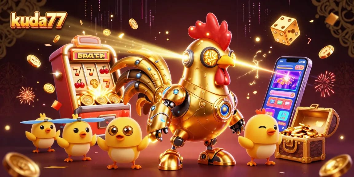 Bermain slot dengan kuda77, robot ayam emas futuristik menembakkan laser, dikelilingi jackpot berkilau.