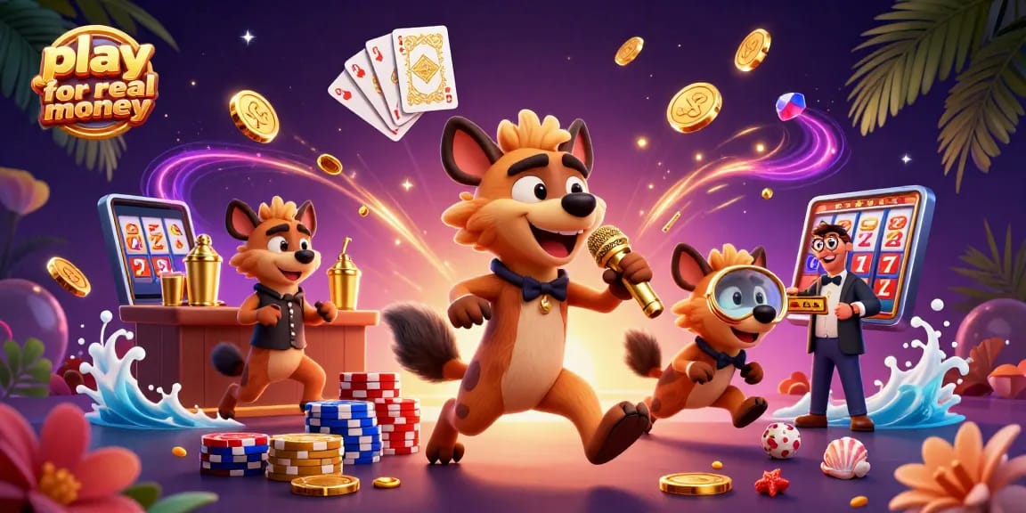 Exciting scene showcasing hyenas in a vibrant casino, encouraging players to play for real money.