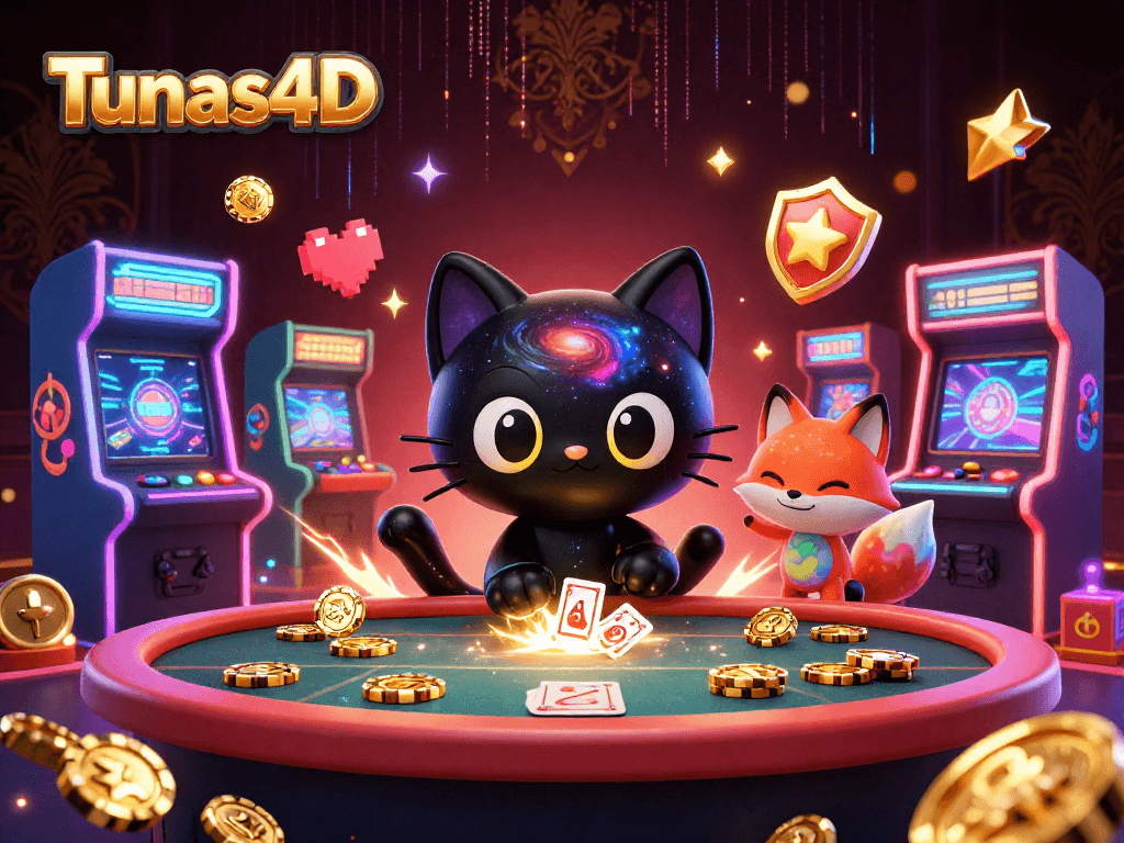 Win big with Tunas4D at a cosmic casino table featuring playful characters and vibrant game elements.
