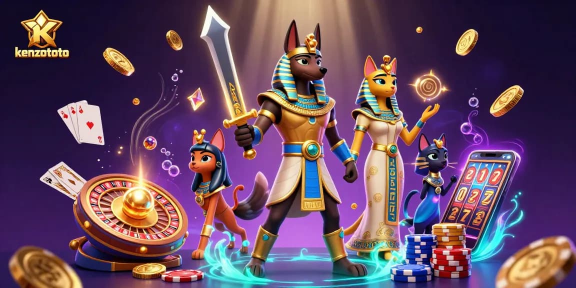 Engage with kenzototo's captivating 3D illustration featuring Anubis and casino elements.