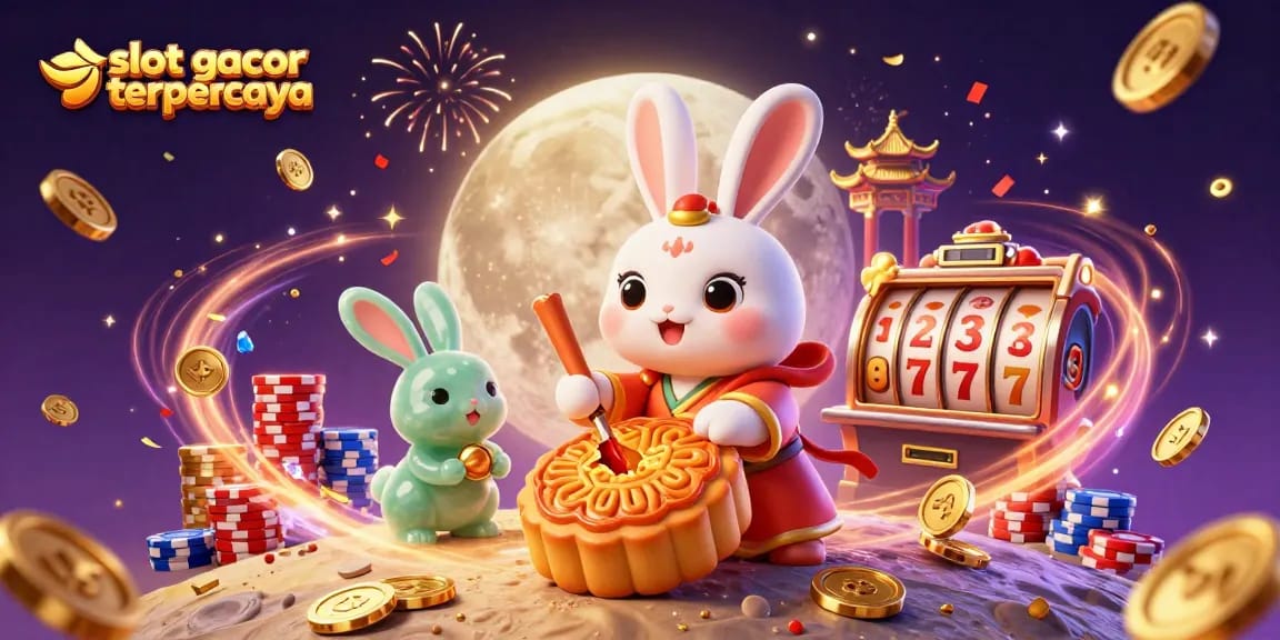 Slot gacor terpercaya menampilkan kelinci bulan yang memukul kue bulan di permukaan lunar, dikelilingi chip poker dan simbol keberuntungan.