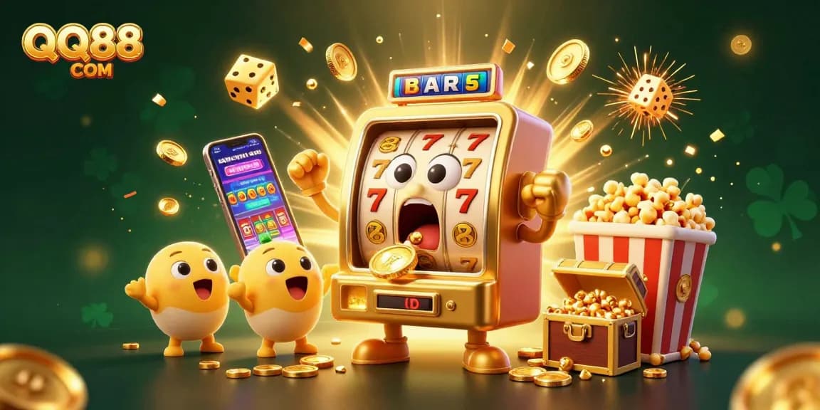 Win big at QQ88 COM with a vibrant jackpot celebration featuring lively cartoon slot machines and dazzling casino elements.