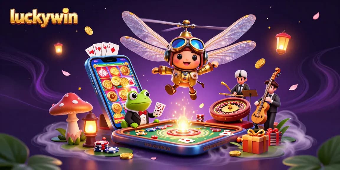 Experience the excitement of luckywin as a dragonfly pilot hovers over a vibrant casino scene.