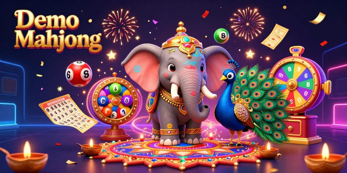 Experience excitement in Demo Mahjong with colorful lottery balls and a festive casino scene.