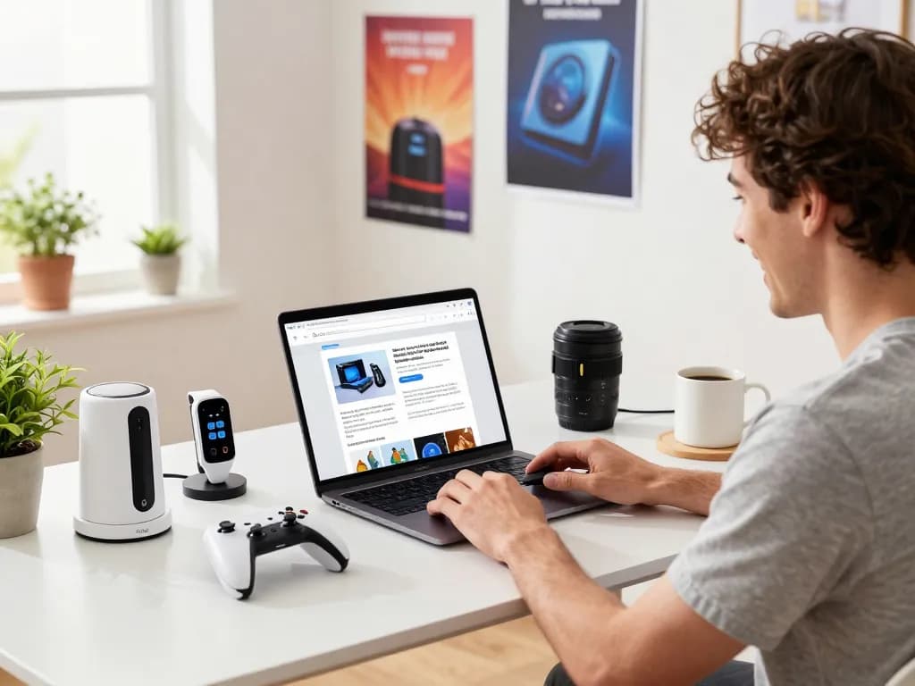 Exploring affordable tech gadgets in a vibrant home workspace with Bluetooth controllers and smart devices.