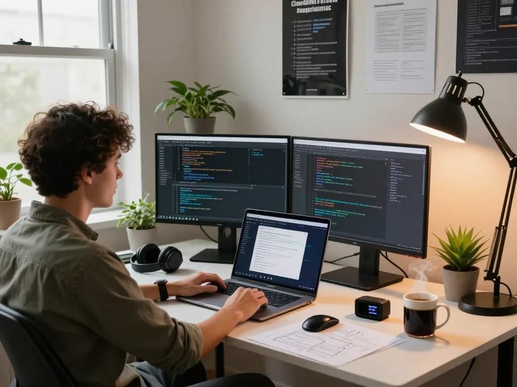 Developer using Clawdbot mac in a cozy home office with code and coffee.