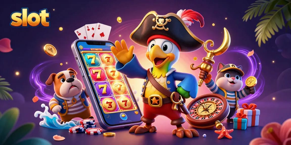 Slots animation featuring a pirate captain parrot and friends celebrating wins and spinning reels