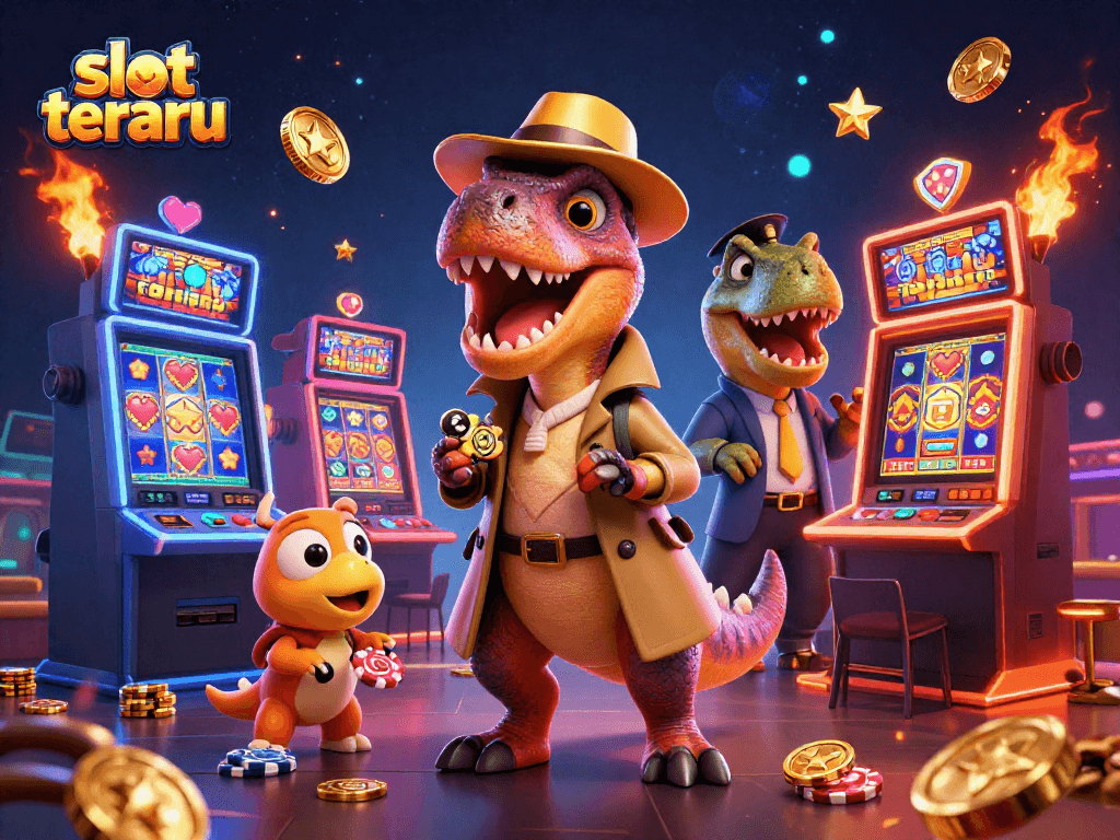 Experience thrilling gameplay at slot terbaru through a vibrant 3D casino illustration featuring dynamic characters.