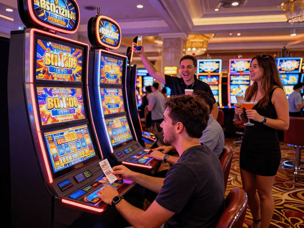 Excited player at the bro138 slot machine in a colorful casino atmosphere.