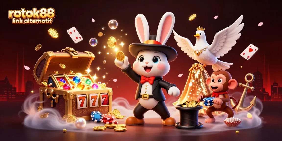 Engage with rokok88 link alternatif in a vibrant casino scene filled with golden coins and playful characters.
