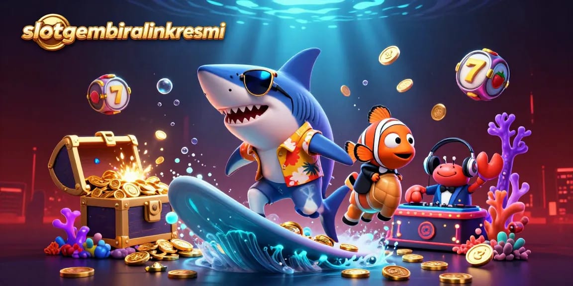 Menangkan jackpot di slotgembiralinkresmi dengan ikan hiu kartun dan harta karun bawah laut.