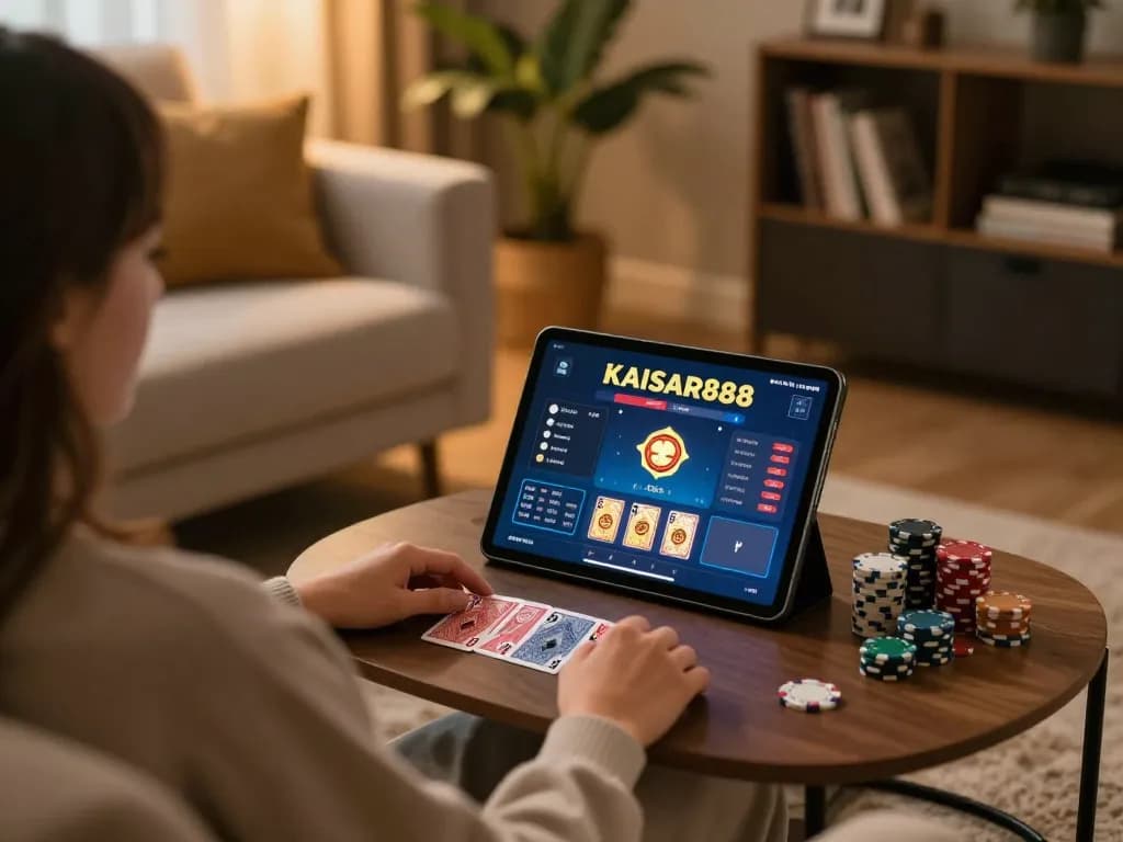 Sesi permainan Kaisar 888 di pengaturan rumah yang nyaman, menampilkan taruhan online yang strategis.