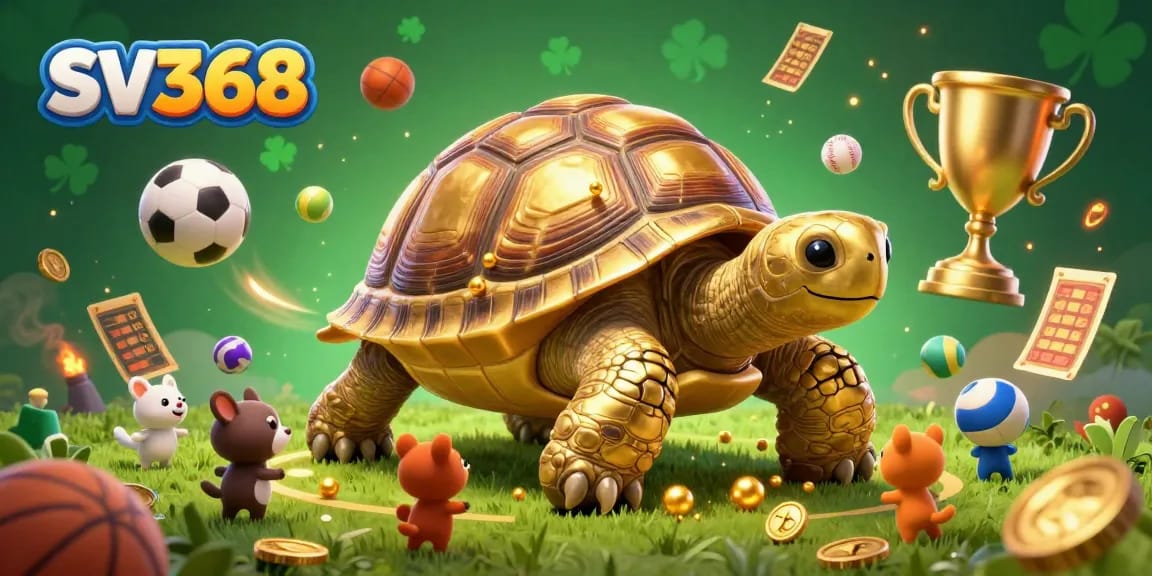 Experience thrilling gameplay at SV368 with a dynamic scene of a golden tortoise pinball machine and vibrant sports elements.