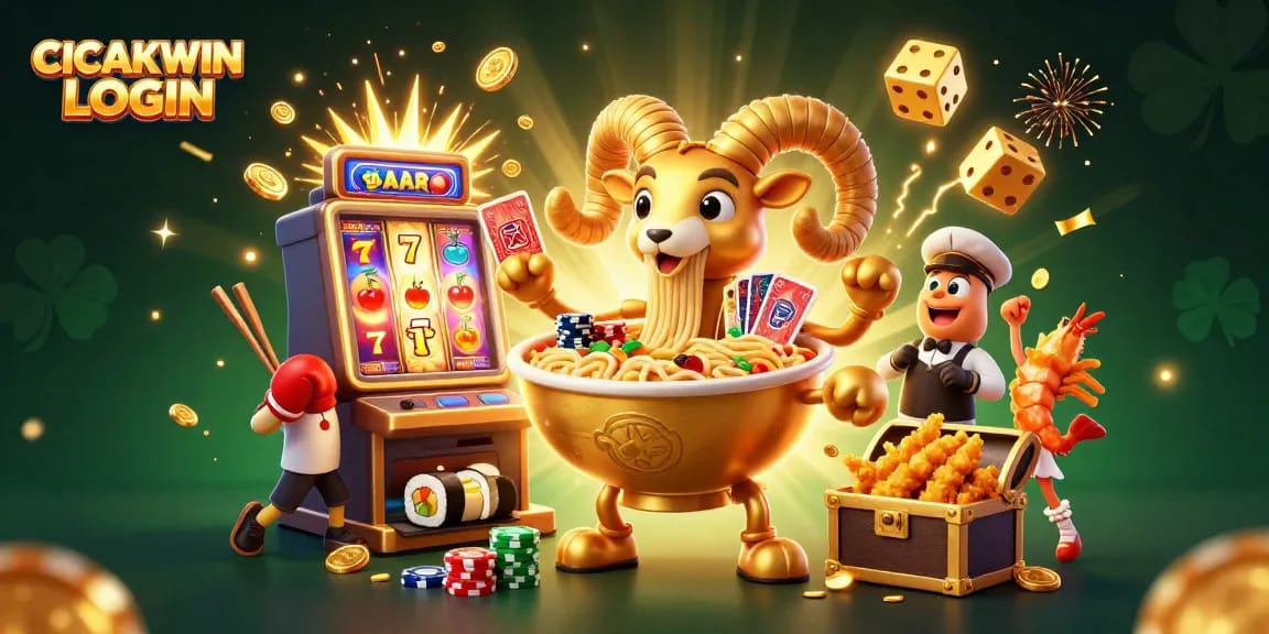 CICAKWIN LOGIN: Join the fun with a golden ramen bowl character stacking chips and dealing cards in a vibrant casino scene.