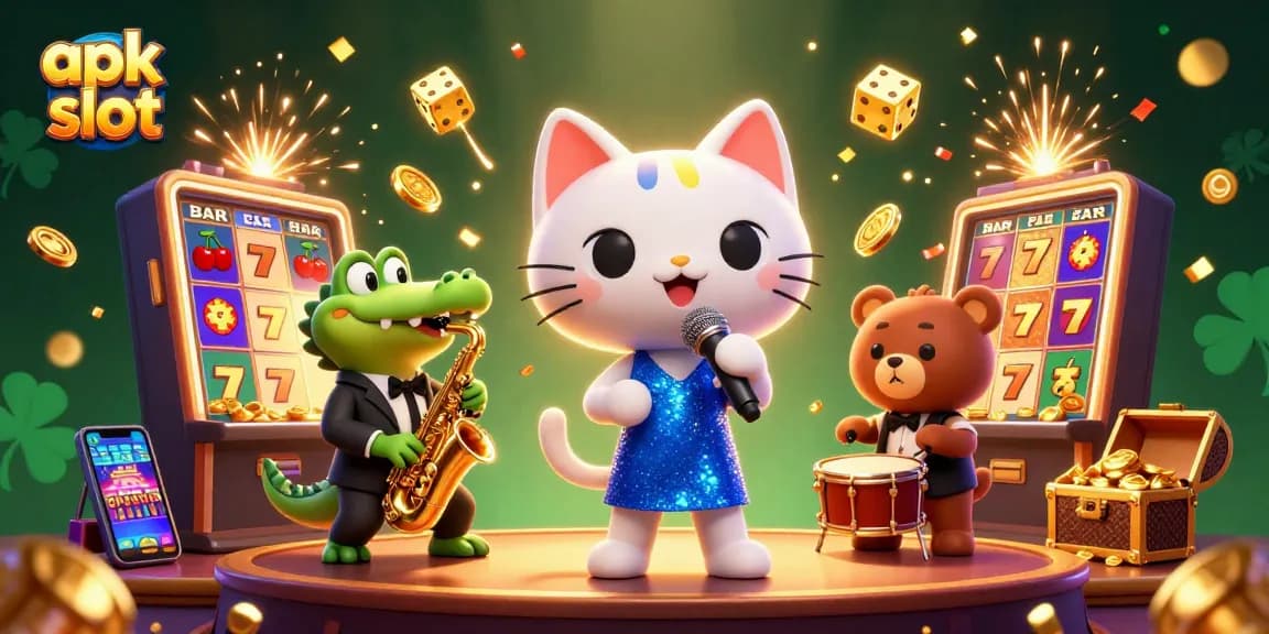 Permainan apk slot yang seru dengan karakter kucing penyanyi jazz dan simbol jackpot berkilauan.