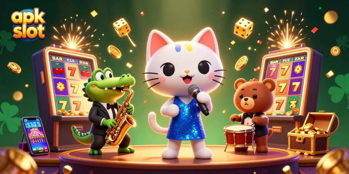 Permainan apk slot yang seru dengan karakter kucing penyanyi jazz dan simbol jackpot berkilauan.