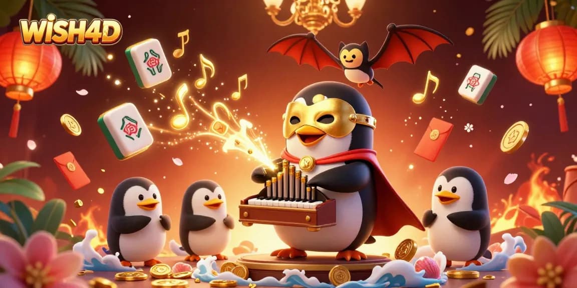 WISH4D menghadirkan pengalaman perjudian dengan penguin opera, koin emas, dan elemen kasino menarik.