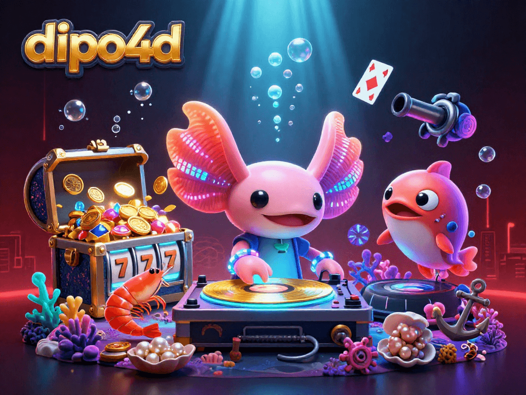 Engage in the underwater gaming action with dipo4d featuring vibrant characters, slot elements, and energetic scenes.