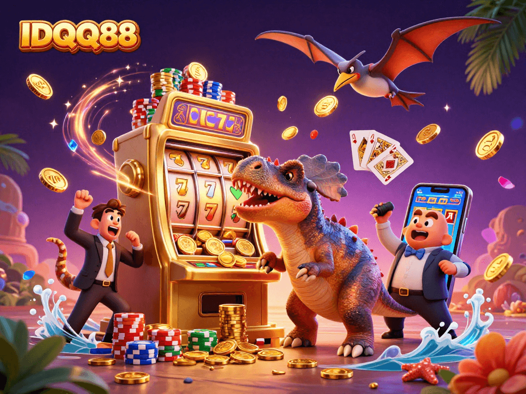 IDQQ88 showcases a pachycephalosaurus winning at slots while coins fly around a casino scene.
