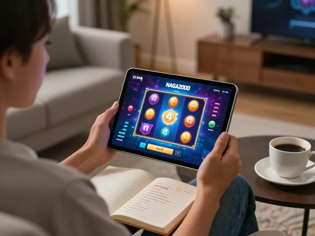 NAGA2000 player engaging in a vibrant online slot game from home, showcasing a strategic gaming atmosphere.