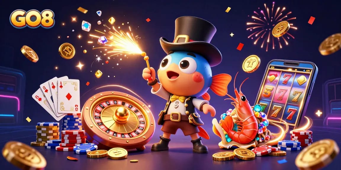 Engage with GO8's thrilling gameplay as the deep-sea anglerfish lures golden coins amidst vibrant casino elements.