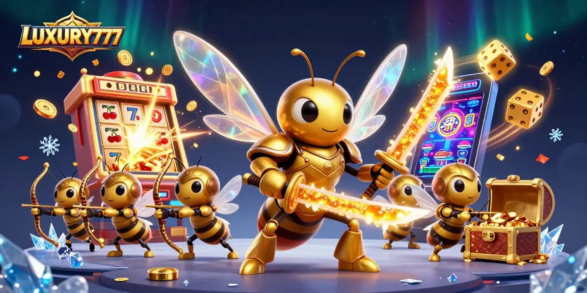 LUXURY777 menghadirkan ilustrasi kasino yang megah dengan hornet samurai dan elemen permainan slot yang dinamis.