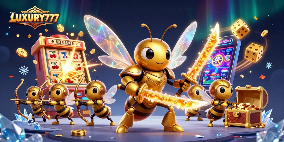 LUXURY777 menghadirkan ilustrasi kasino yang megah dengan hornet samurai dan elemen permainan slot yang dinamis.