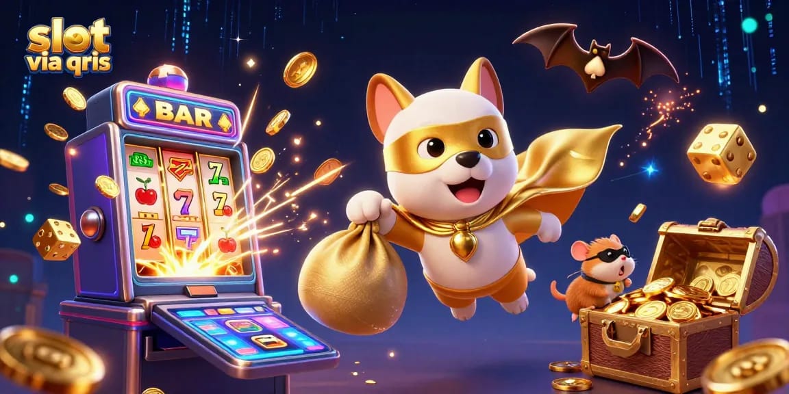 Play slots via qris with a superhero dog and hamster in an exciting 3D casino scene.
