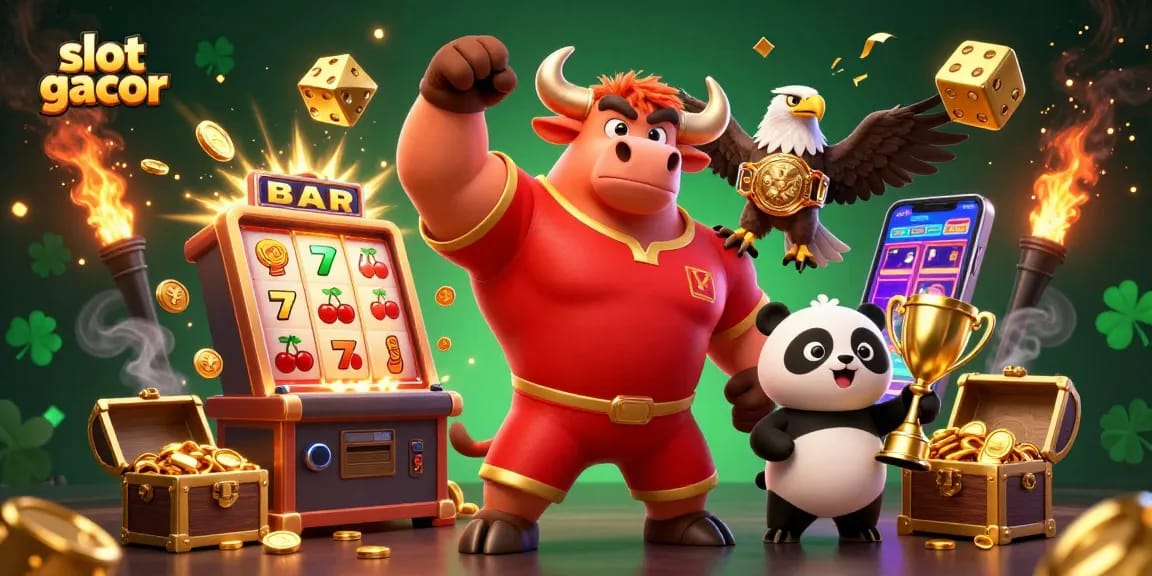Experience thrilling gameplay with slot gacor as a bull mascot celebrates big wins in an exciting casino scene.