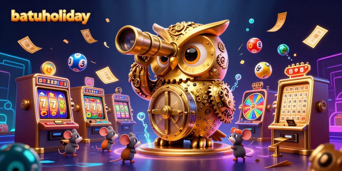 Experience the excitement of batuholiday as the golden owl oversees a bustling casino floor with vibrant slot machines.