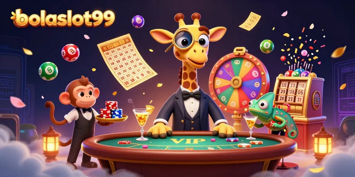 Engage with bolaslot99 through a lively 3D casino scene featuring high-roller giraffe and vibrant game elements.