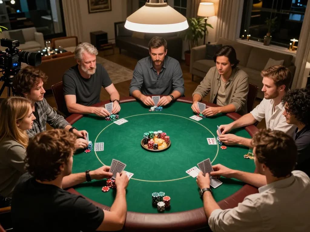 Pemain menikmati malam poker di rumah dengan chip dan kartu hwg500 di meja.