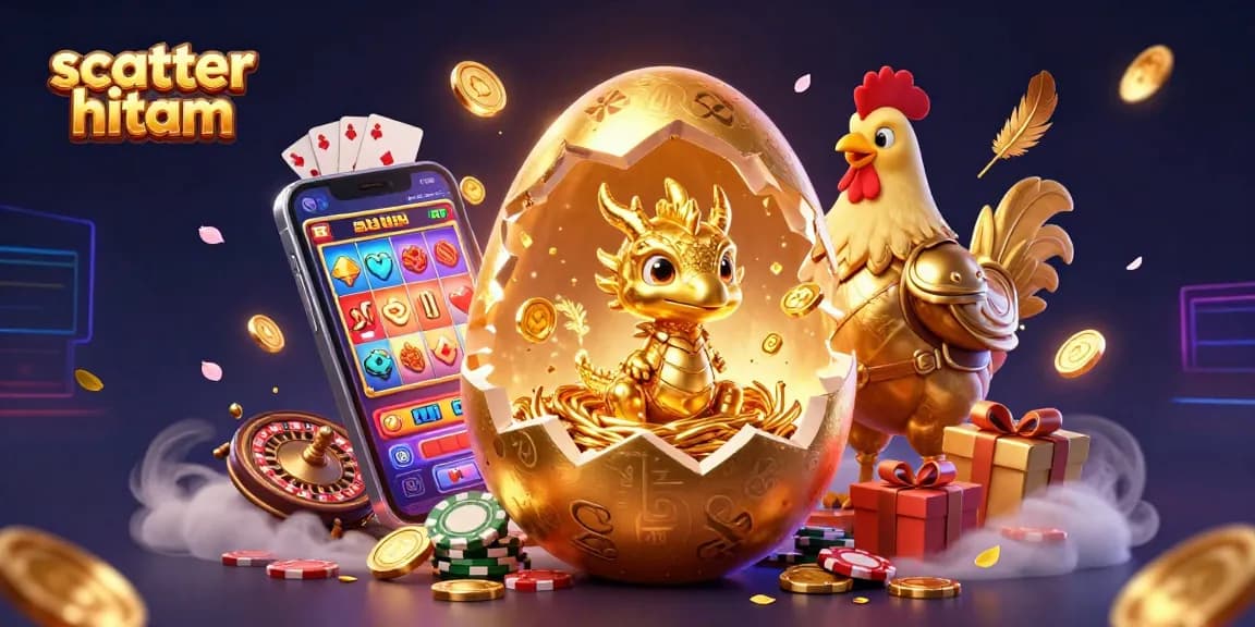 Experience the thrill of scatter hitam with a vibrant 3D illustration showcasing a mystical casino scene filled with gold, poker chips, and exciting games.