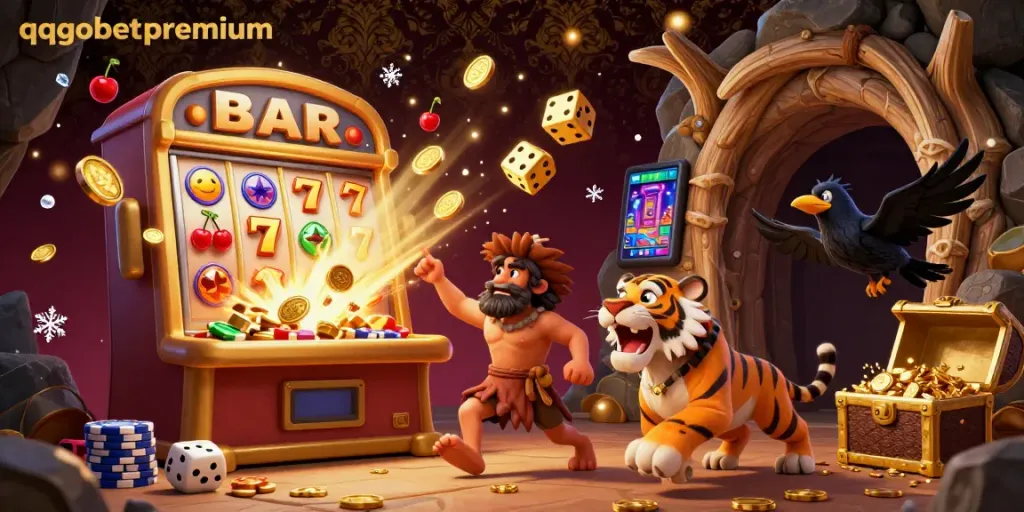 Experience the thrill of winning at qqgobetpremium's vibrant prehistoric casino with engaging characters and game elements.