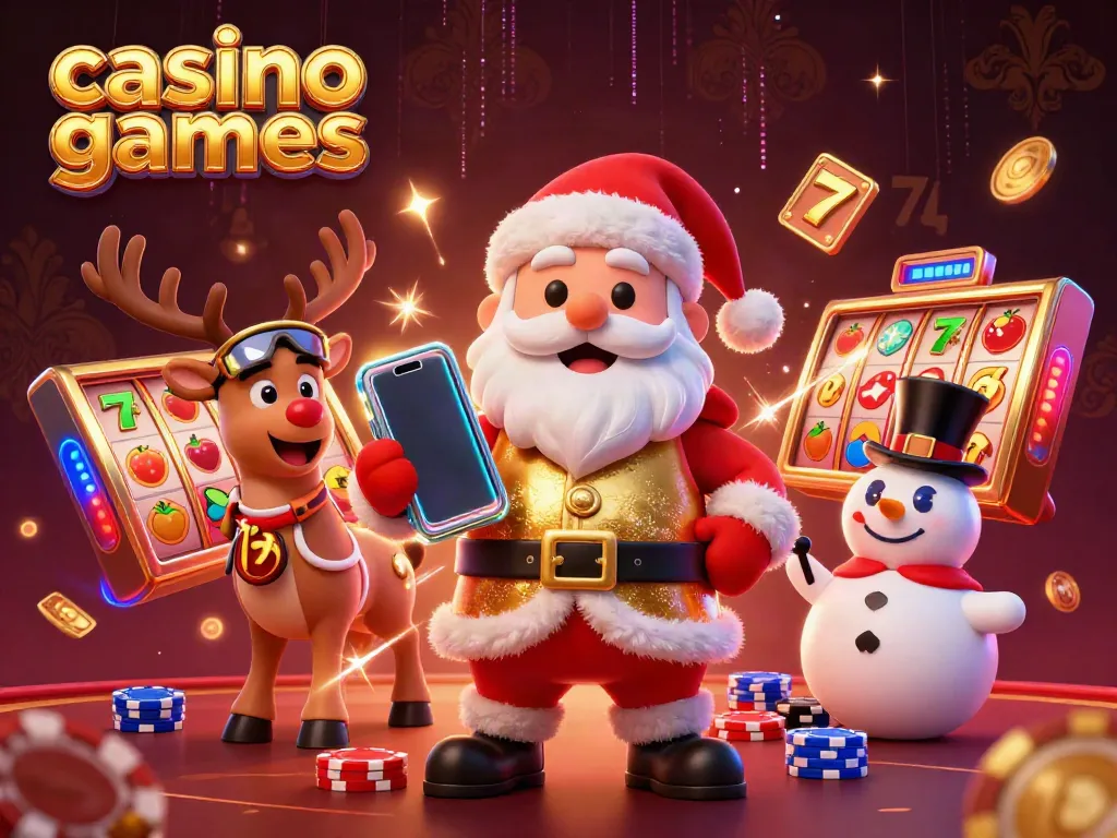 Experience exciting casino games with Santa and friends celebrating jackpots and spinning reels.